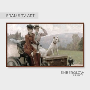 Frame TV kunst / grappige Victoriaanse vrouwen hond rijden vintage auto / antieke vintage olieverfschilderij / kunst aan de muur / digitale afdrukbare DOWNLOAD / FTV-90