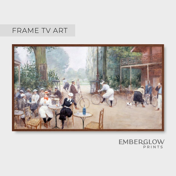 Frame TV Art / Victorian Bicyclists At Outdoor Cafe / Vintage Bar Decor Painting / Neutral Wall Art / Digital Printable DOWNLOAD / FTV-60