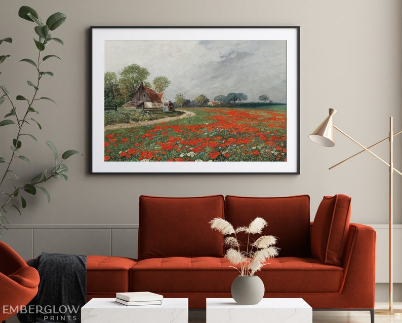 Red Poppy Field / Garden Cottage Farm Decor / Vintage Landscape ...