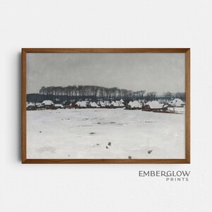 May include: A painting of a snowy village scene with a row of houses and trees in the background. The sky is a light gray and the snow is white.