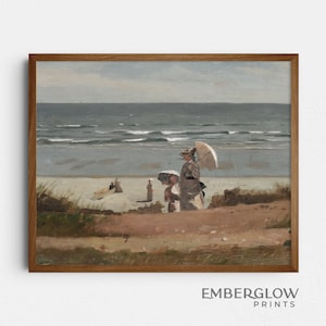 Giorno della spiaggia della famiglia vittoriana / Arredamento costiero dell&#39;oceano / Paesaggio marino lunatico / Pittura antica / Arte della parete neutra / DOWNLOAD DIGITALE STAMPABILE / S-129
