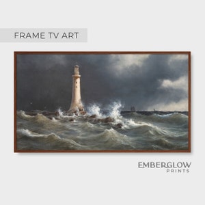 Frame TV Art / Lighthouse Ocean Crashing Waves Storm Nature Decor / Vintage Painting Wall Art / Neutral Digital Printable DOWNLOAD / FTV-55