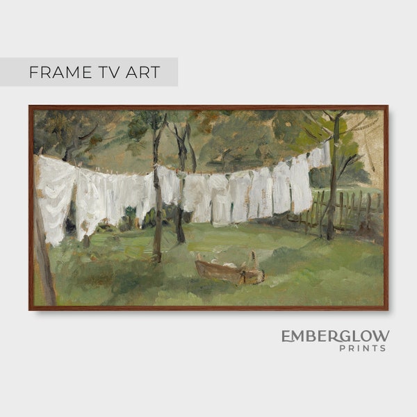 Frame TV Art / Countryside Laundry Day Clothesline / Vintage Antique Painting / Neutral Muted Wall Art / Digital Printable DOWNLOAD / FTV-25