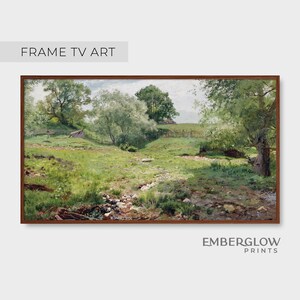 Frame TV Art / Spring Green Grassy Meadow Landscape / Rustic Trees Antique Painting / Minimal Wall Art / Digital Printable DOWNLOAD / FTV-64