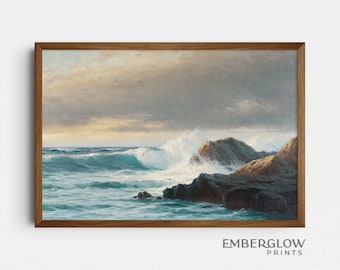 Puede incluir: Una pintura de un paisaje marítimo tormentoso con olas rompiendo y acantilados rocosos. El cielo es una mezcla de nubes grises y blancas, con un toque de luz dorada en la distancia.
