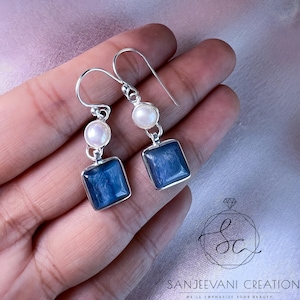 Blue Kyanite Earring, Pearl Gemstone danglers, Fresh Water Real Pearl Earring, Handmade Earring, Hoop Earring, Minimalist Dangle Earring