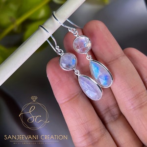 Blue Fire Rainbow Moonstone Teardrop Earrings: Minimalist Sterling Silver