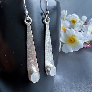 Rainbow Moonstone Sterling Silver Dangle Earrings: Handmade Minimalist Jewelry