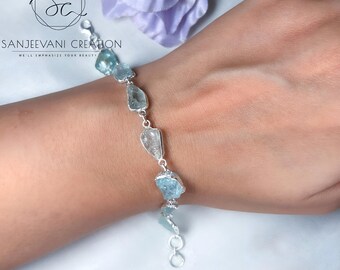 Pulsera de plata de ley con aguamarina en bruto, joyería minimalista con piedras preciosas