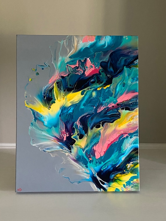 Gray, Turquoise, Yellow Abstract Art, 