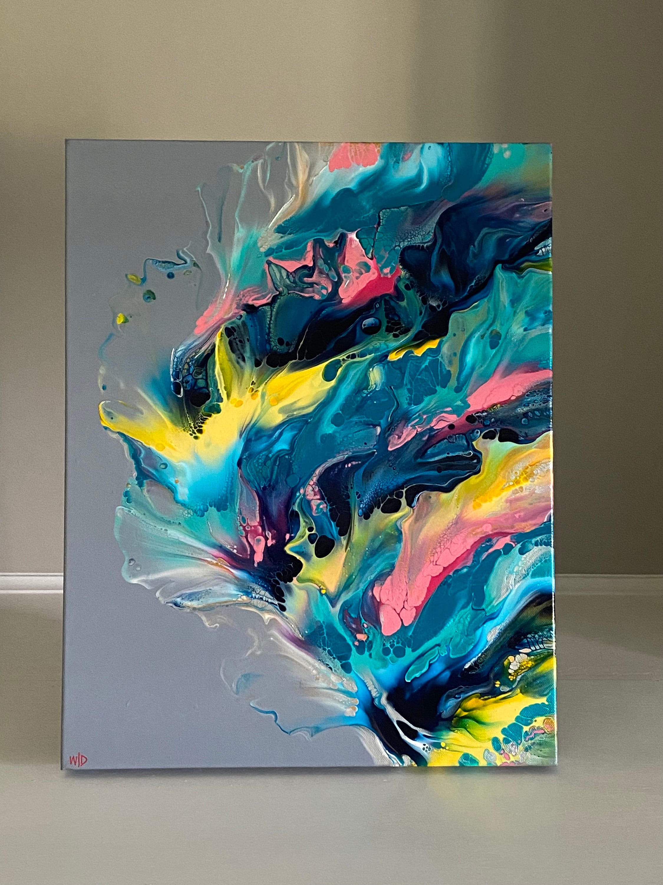 Gray, Turquoise, Yellow Abstract Art, 