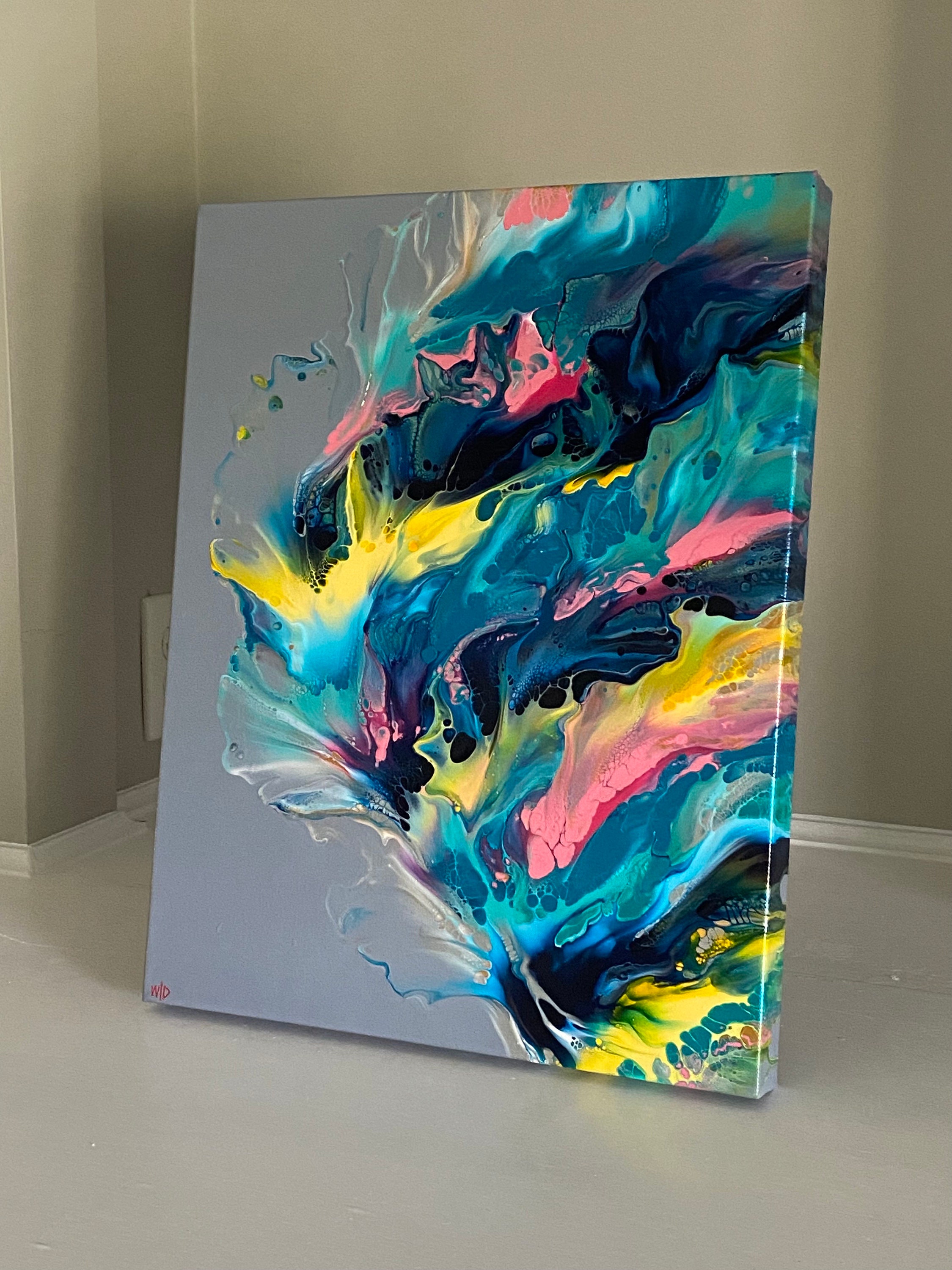 絵画 Acrylic Paint (Abstract Painting) Gray, Turquoise, Yellow Abstract Art, 