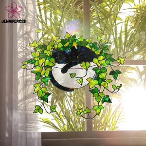 Black Cat Sleeping on Ivy Acrylic Ornament, Cat Acrylic Window Hanging, Plant Lover Gift, Ivy Plants Decor, Cozy Cat Decor, Gift For Mom