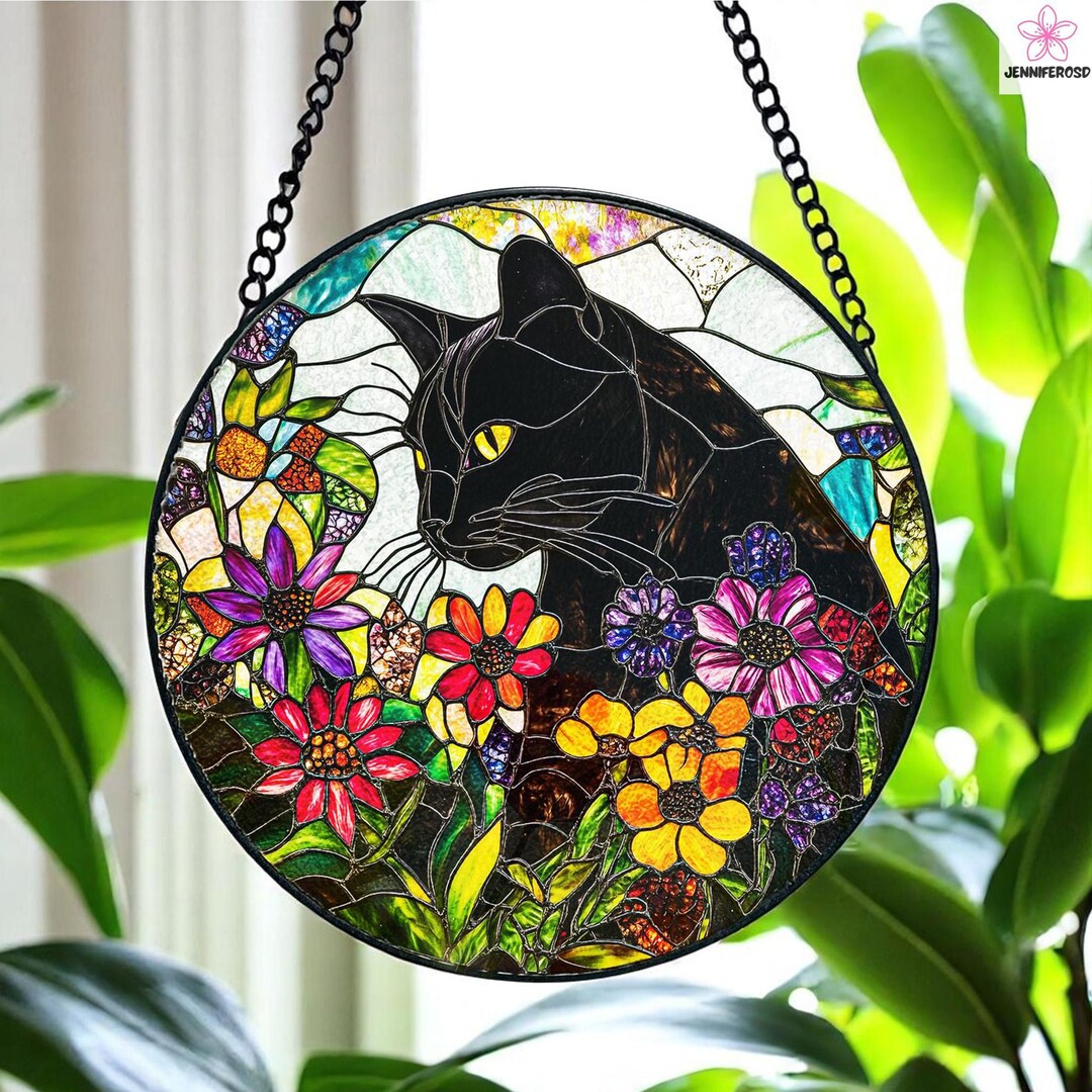 Black Cat & Wildflowers Stained Glass Suncatcher, Window Hanging Decor ...