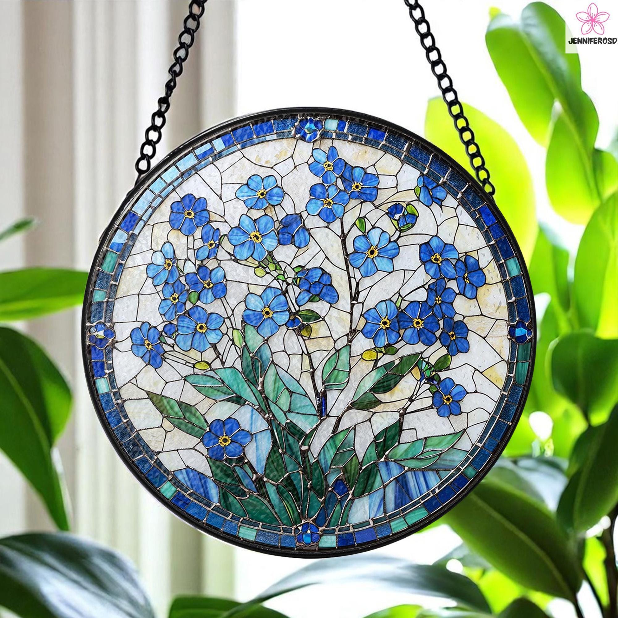 Botanical Forget Me Not Stained Glass Art, Floral Suncatcher for Windows, Mother’s Day Gift Idea for Grandma, Garden Inspired Home Decor