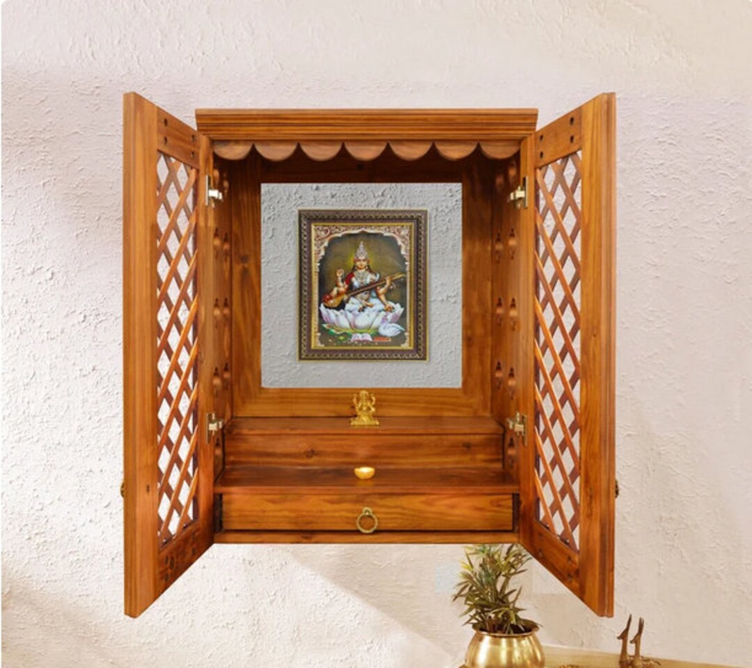 36 Wall Mounted Pooja Mandir With Trellis Shutters Wall Etsy