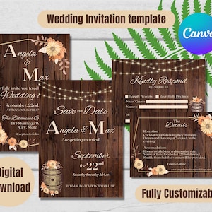 Elegant Rustic Floral Wedding Invitation Set - Customizable Digital Template for Traditional Ceremonies