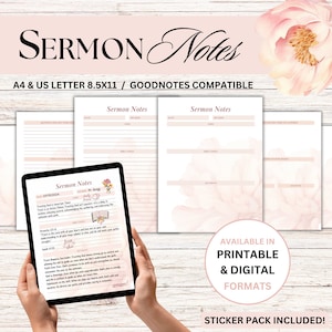 May include: A digital planner with a pink floral design. The planner is labeled "Sermon Notes" and is compatible with GoodNotes. The planner is available in printable and digital formats and includes a sticker pack.