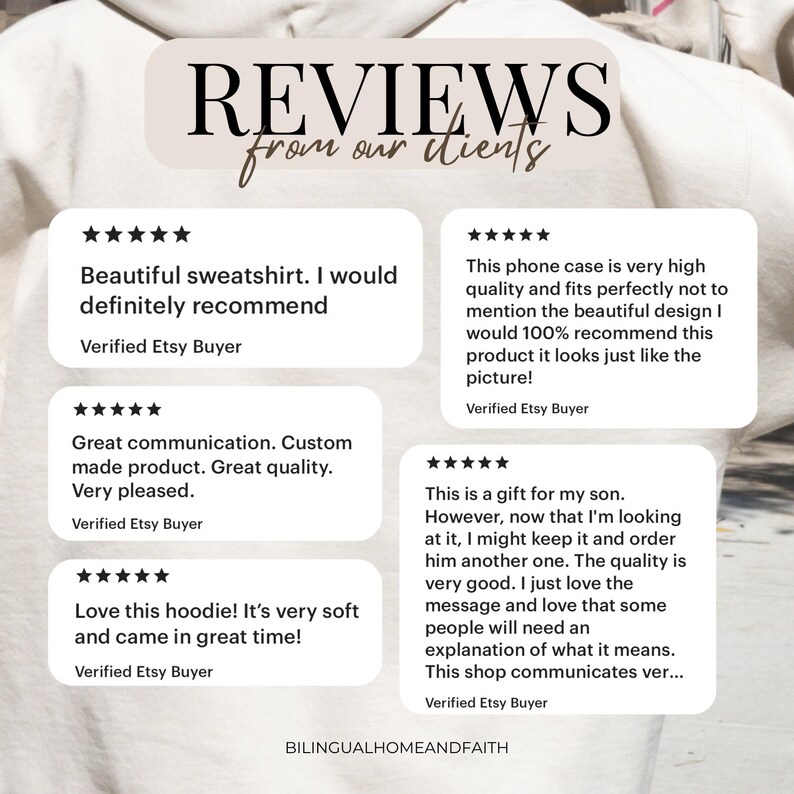May include: Five customer reviews for Etsy shop products. The reviews are positive and highlight the quality of the products and the excellent customer service. The reviews are for a sweatshirt, a phone case, a custom-made product, a hoodie, and a gift.