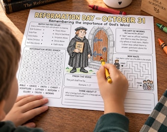 Reformation Bible Activity Placemat for Kids Protestant Reformation Printable Five Solas Activity Church Classroom and Homeschool Craft