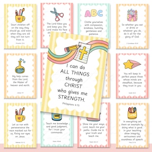 May include: A set of illustrated Bible verse cards in various colours. Each card has a different verse, with images such as pencils, scissors, and stars. The central card reads "I can do all things through Christ who gives me strength."
