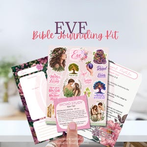 May include: An Eve Bible journaling kit featuring a sticker sheet with illustrations of Eve, Adam, the Tree of Life, a snake, and fruit. Includes a word study card defining Ezer, a floral-patterned journaling page, and a page with Genesis 1-3 text.