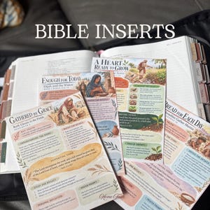 May include: A collection of rectangular Bible study inserts featuring colorful illustrations and printed text. Each card includes titles like Gathered by Grace, Enough for Today, A Heart Ready to Grow, and Bread for Each Day, resting on an open Bible.