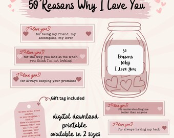 Reasons Why I love You Printable gift for Him Love Jar Husband gift from wife Paper Anniversary Date Night idea Couples last minute present