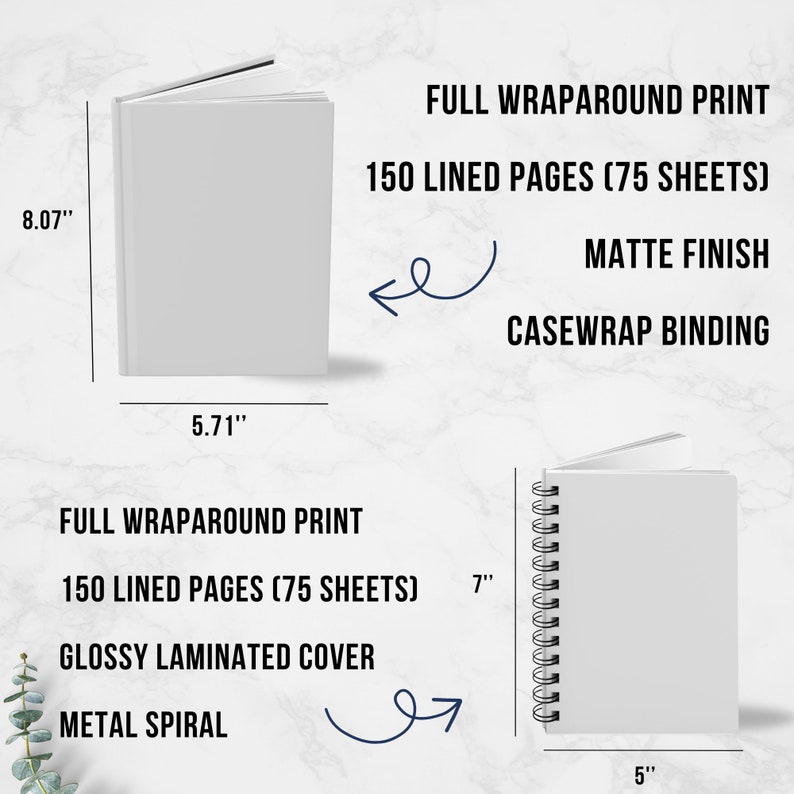 May include: Two blank notebooks, one with a casewrap binding and the other with a metal spiral binding. Both notebooks have 150 lined pages (75 sheets). The casewrap notebook has a matte finish and the spiral notebook has a glossy laminated cover. The casewrap notebook measures 5.71 inches wide by 8.07 inches tall. The spiral notebook measures 5 inches wide by 7 inches tall.