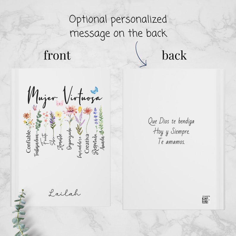 May include: A white card with a floral design and the text "Mujer Virtuosa" in black. The card also includes a list of positive attributes in Spanish, such as "Confiable", "Trabajadora", and "Fuerte". The back of the card has the text "Que Dios te bendiga Hoy y Siempre Te amamos." in black.