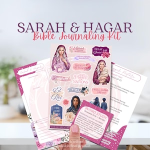 May include: A Sarah & Hagar Bible journaling kit featuring a sticker sheet with illustrations of women, floral accents, and text including Sarah Princess Noblewoman, Trust His timing, Mother of Nations, El Roi, and The God Who Sees Me, plus study cards.