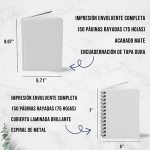 May include: Two blank notebooks, one with a hard cover and the other with a spiral binding. The hard cover notebook is 8.07 inches tall and 5.71 inches wide. The spiral notebook is 7 inches tall and 5 inches wide. Both notebooks have text describing their features, including the number of pages, cover type, and binding.