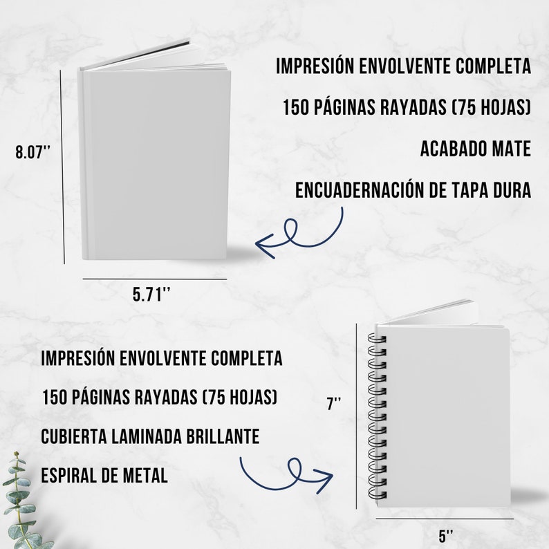 May include: Two blank notebooks, one with a hard cover and the other with a spiral binding. The hard cover notebook is 8.07 inches tall and 5.71 inches wide. The spiral notebook is 7 inches tall and 5 inches wide. Both notebooks have text describing their features, including the number of pages, cover type, and binding.