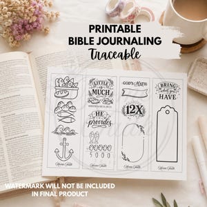 Peut inclure: Une feuille imprimable de traçage pour journal biblique présentant quatre panneaux verticaux avec des illustrations au trait noir, incluant des pains, des poissons, une ancre et des textes comme "Little is Much", "God's Math" et "Bring what you have".