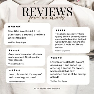 May include: Four customer reviews for a shop called Bilingual Home and Faith. The reviews are all positive and mention the quality of the products. The first review is for a sweatshirt, the second for a phone case, the third for a hoodie, and the fourth for a sweatshirt.