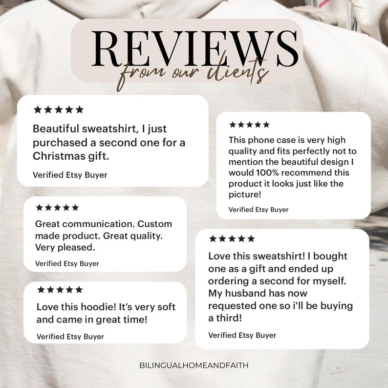May include: Four customer reviews for a shop called Bilingual Home and Faith. The reviews are all positive and mention the quality of the products. The first review is for a sweatshirt, the second for a phone case, the third for a hoodie, and the fourth for a sweatshirt.