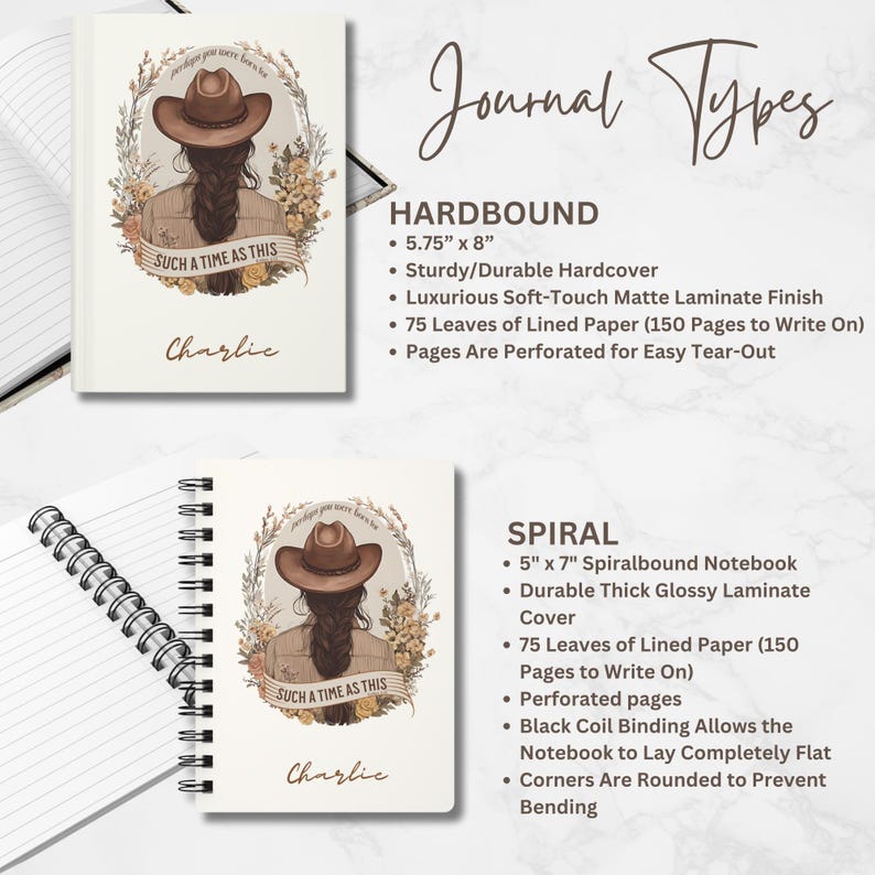 May include: Two journals are displayed, one hardbound and one spiral-bound. The hardbound journal is 5.75" x 8" and the spiral journal is 5" x 7". Both feature an illustration of a woman wearing a cowboy hat, with the text "SUCH A TIME AS THIS" and the name "Charlie".
