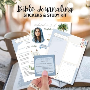 May include: Bible journaling stickers and study kit with the text "Bible Journaling STICKERS & STUDY KIT". The kit includes stickers, study cards, and a journal page with floral accents and a portrait of a woman.