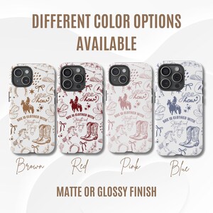 May include: Four phone cases with different color backgrounds. Each case features a pattern of horseshoes, bows, flowers, and a cowgirl riding a horse. The text "Yee Haw" and "She is clothed with strength and dignity" are printed on each case. The cases are available in brown, red, pink, and blue.