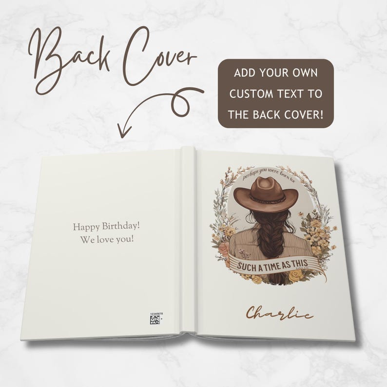 May include: Open book with a cream-colored cover and pages. The left page reads "Happy Birthday! We love you!" The right page features an illustration of a person wearing a hat, with the text "SUCH A TIME AS THIS" and the name "Charlie".