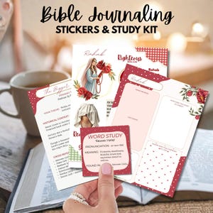 May include: Bible journaling stickers and study kit with a variety of study aids. The kit includes stickers, study cards, and journaling pages with floral accents and the word "Rahab". The kit also includes a word study card.