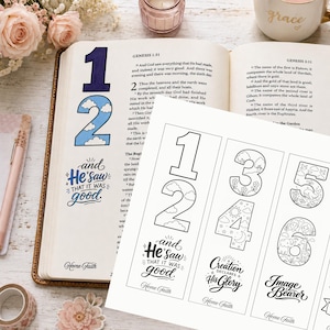 May include: A printed sheet featuring black and white line art of numbers one through six, with decorative patterns inside each digit and inspirational text including "and He saw that it was good," "Creation Declares His Glory," and "Image Bearer."
