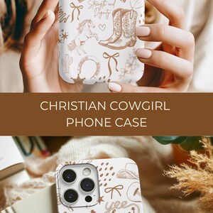 May include: White phone case with a brown and white design featuring a cowgirl riding a horse, boots, a horseshoe, and the text "Yee Haw" and "She is clothed with strength and dignity".