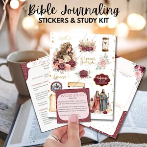 May include: Bible journaling stickers and study kit featuring illustrations of a queen, crowns, and floral accents. The kit includes study cards with text and a word study card. The color palette includes burgundy, gold, and cream.