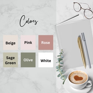 May include: A set of color swatches with the word "Colores" written above. The swatches are labeled "Beige", "Pink", "Rose", "Sage Green", "Olive", and "White".