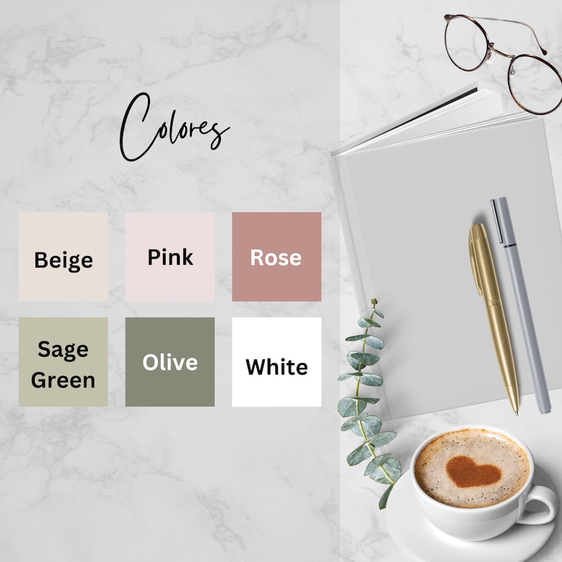 May include: A set of color swatches with the word "Colores" written above. The swatches are labeled "Beige", "Pink", "Rose", "Sage Green", "Olive", and "White".