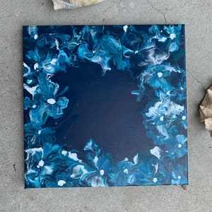 Blue Blossoms. Original abstract acrylic pour 12”x12” painting.
