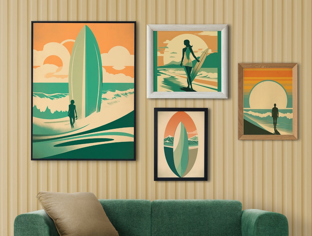 4set Surf Wall Art, Surf Poster, Surf Print, Vintage Surf Poster