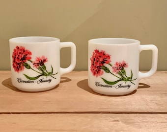 PAIR Vintage Floral Milk Glass Mugs | Collectible Brockway Birthday Mugs | January Birth Month | Pink Carnation Flower | Capricorn Aquarius