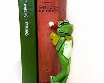 Figura de rana de cerámica antigua / Figura de rana verde / Capilano / Fabricada en Japón / Década de 1980 / Regalo / Recuerdo antiguo / Rana patinadora / Rana navideña
